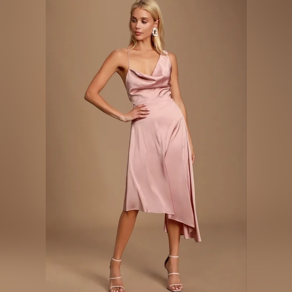 Lulu's Sereno Mauve Pink Satin Cowl Neck Asymmetrical Midi Dress, Size Medium - Picture 2 of 12